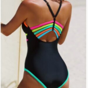 Neon Strappy Black One Piece Swimsuit